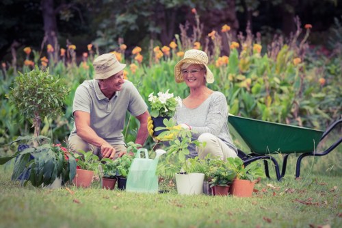 Team pruning a community green space in London for sustainable landscaping