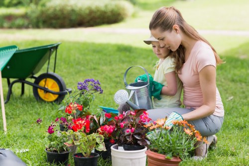 Professional landscapers collaborating on a garden design